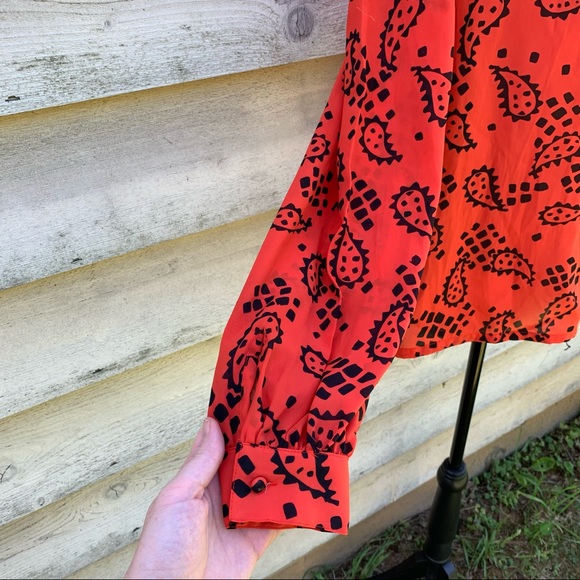 Vintage 80s Orange Block Paisley Print Long Puff Sleeve Button Down Popover Top - Picture 12 of 16